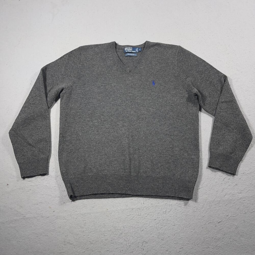 Polo Ralph Lauren Sweater Mens Large Gray Wool V Neck Pullover Classic Pony Logo